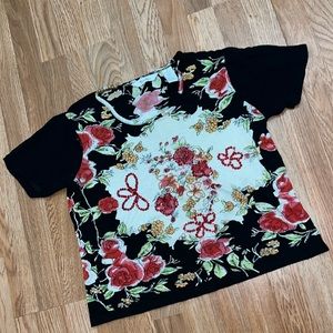 Vintage Beaded Embroidery Floral Printed Tee